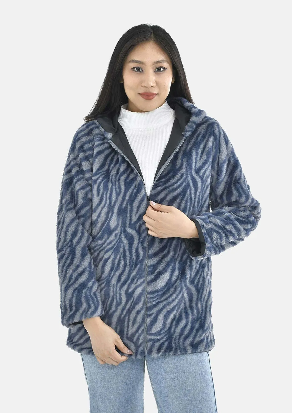 Faux Fur Hoodie With Zip Front