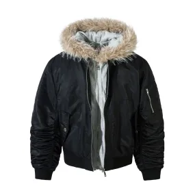 Faux Two-in-One Bomber Jacket with Fur Collar