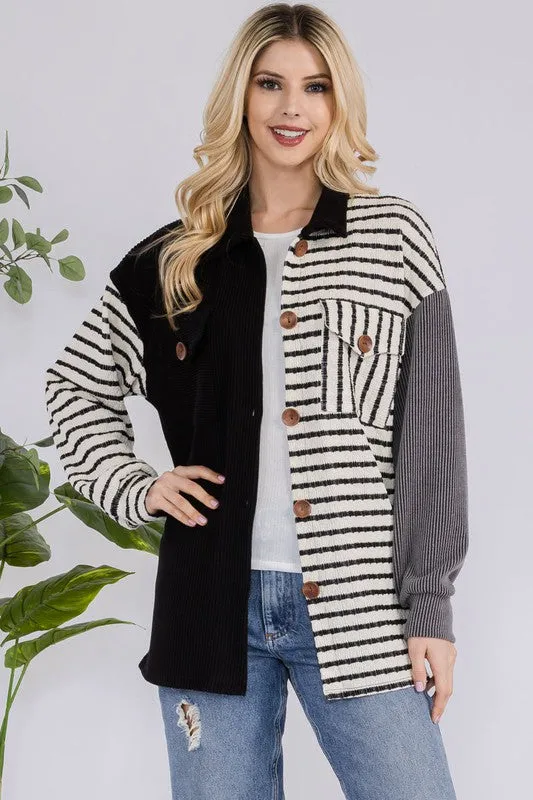 Full Size Striped Button Up Dropped Shoulder Shacket