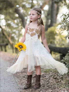 Girls Ivory/Gold Ruffled Side Tail Halter Top Dress w/ Chiffon Bow Sash