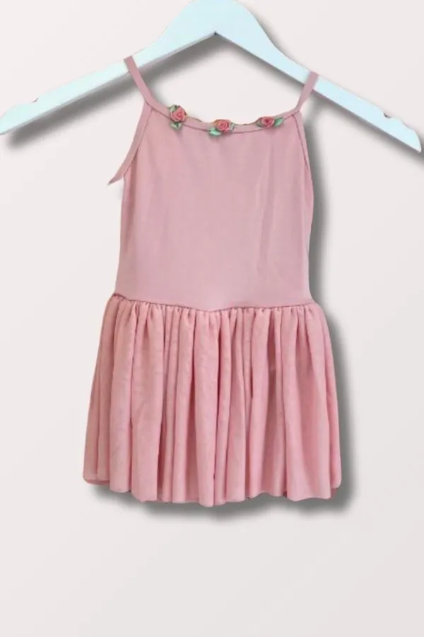 Girls Rosette Neckline Camisole Leotard Dress - Light Pink