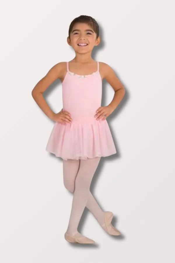 Girls Rosette Neckline Camisole Leotard Dress - Light Pink