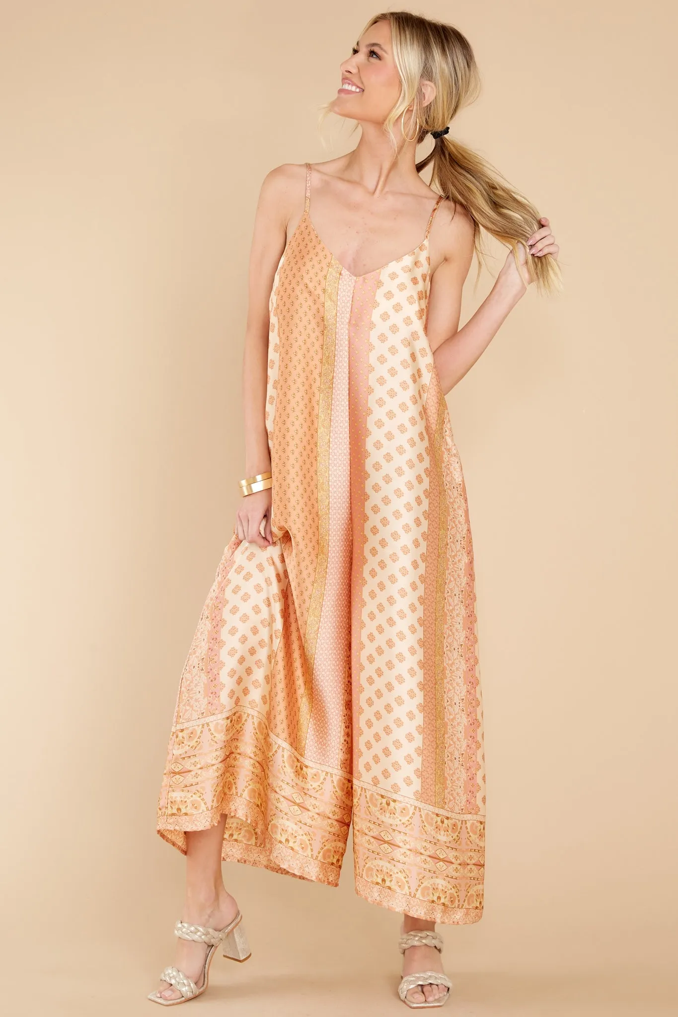 Going Abroad Apricot Multi Print Jumpsuit