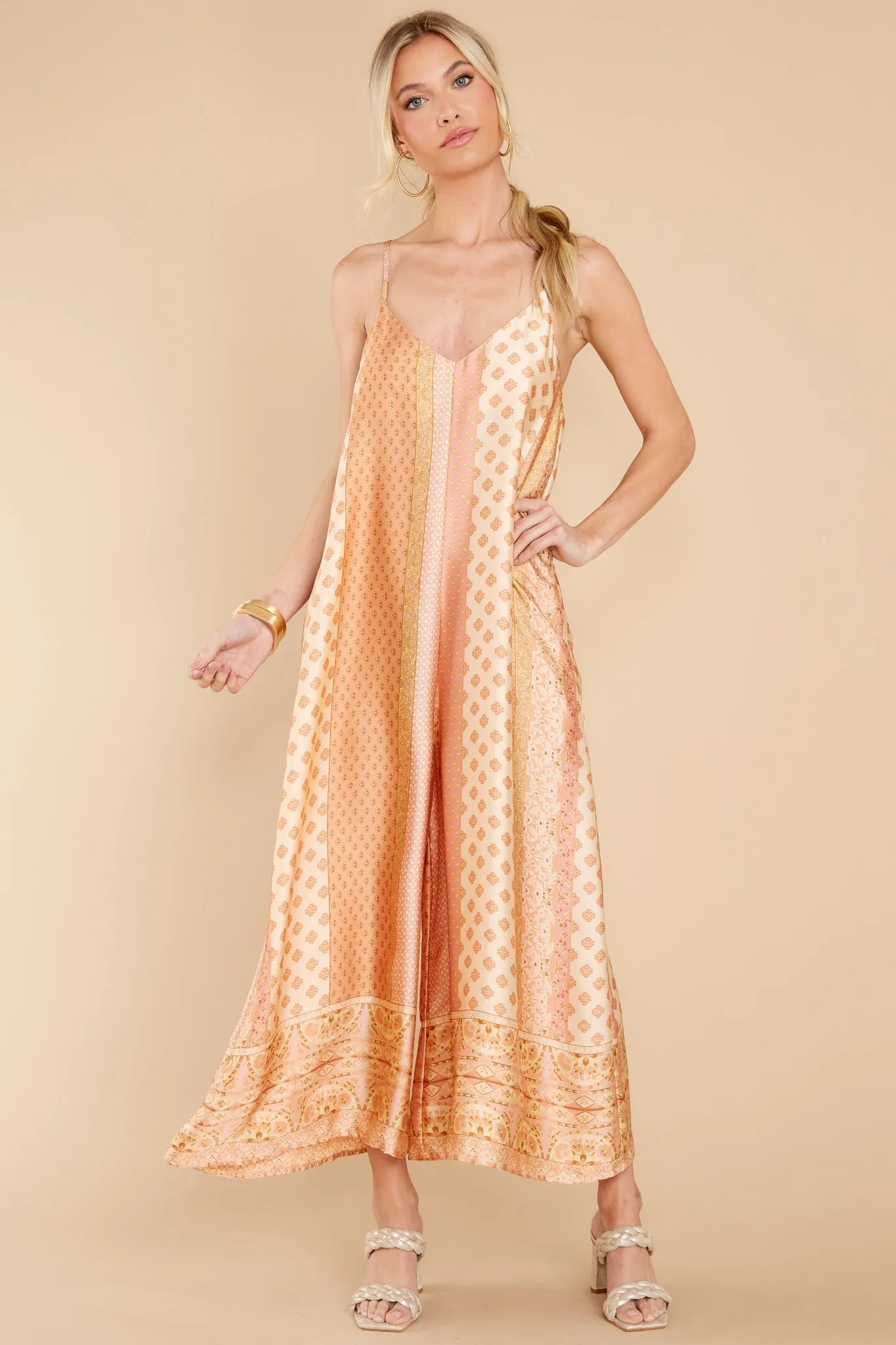 Going Abroad Apricot Multi Print Jumpsuit