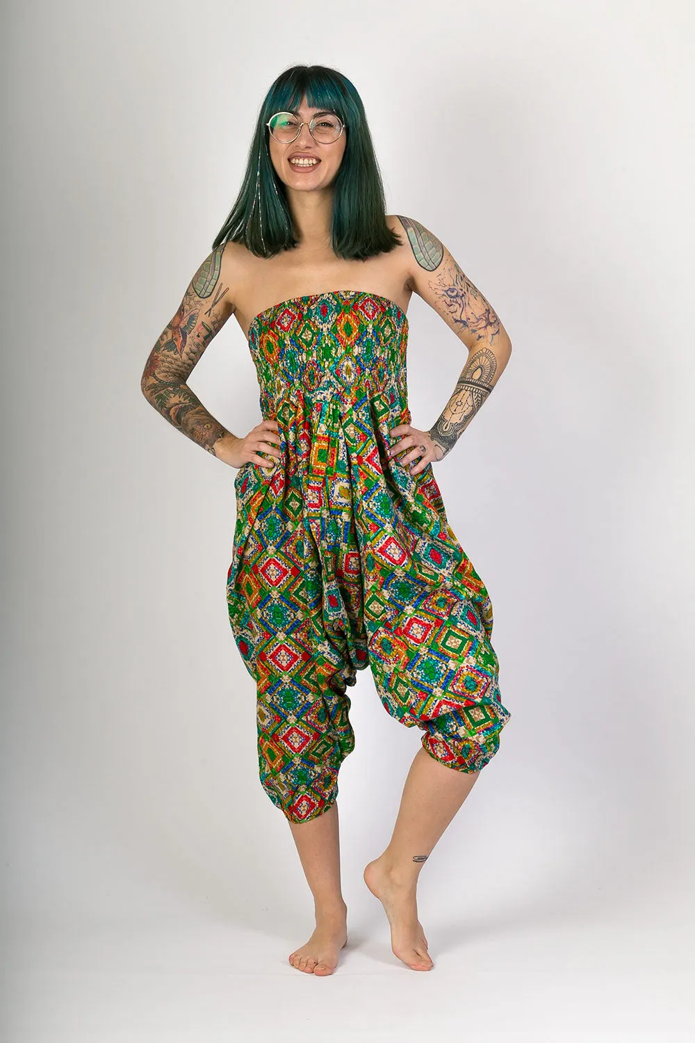 Green Print Cotton Harem Yoga Jumpsuit Pants