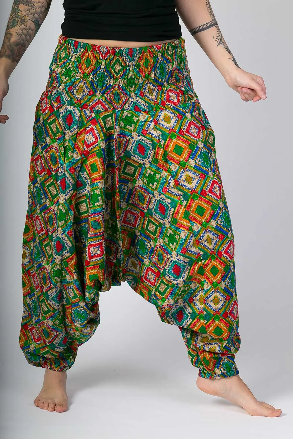 Green Print Cotton Harem Yoga Jumpsuit Pants