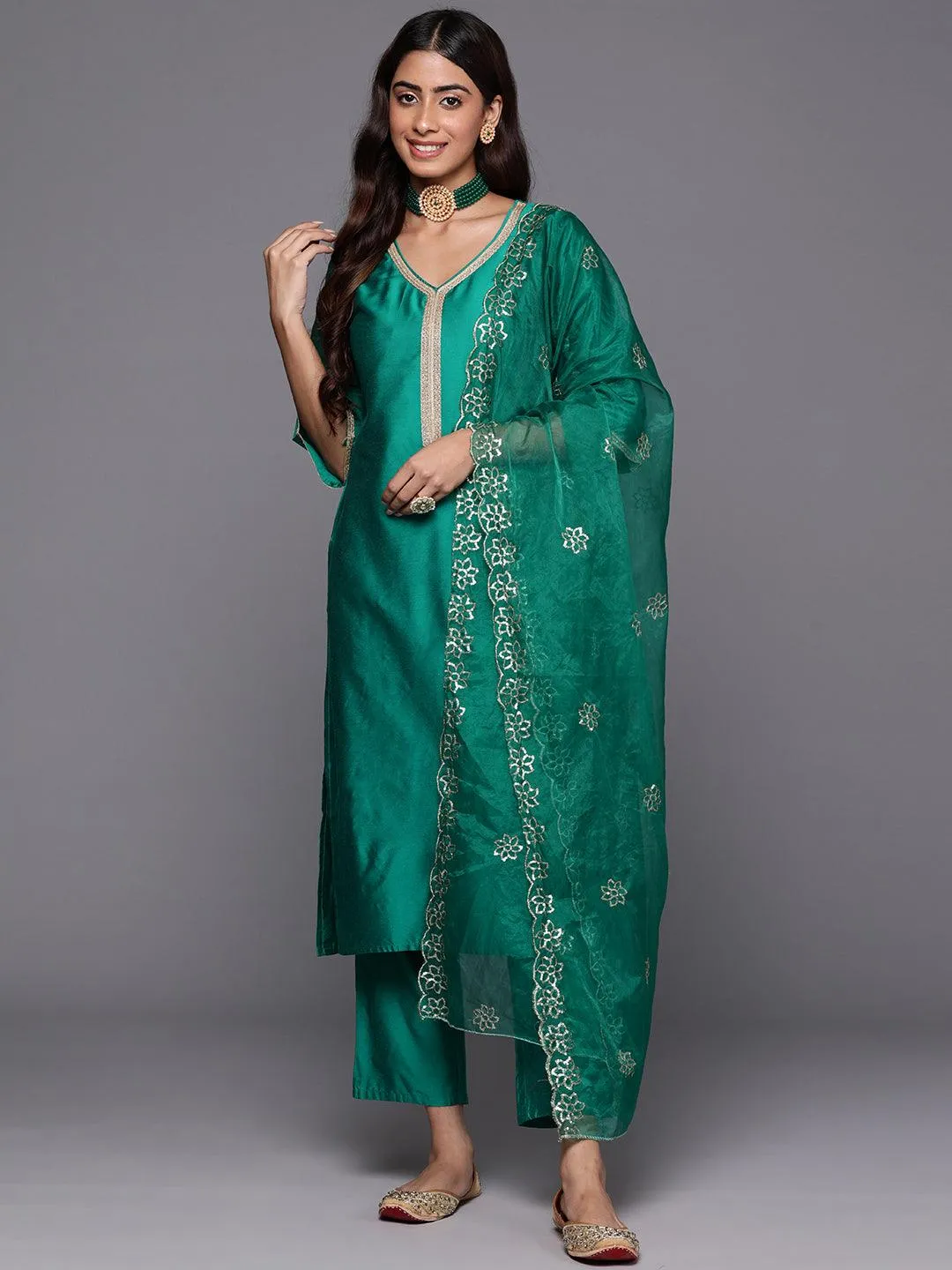 Green Solid Silk Blend Straight Suit With Dupatta