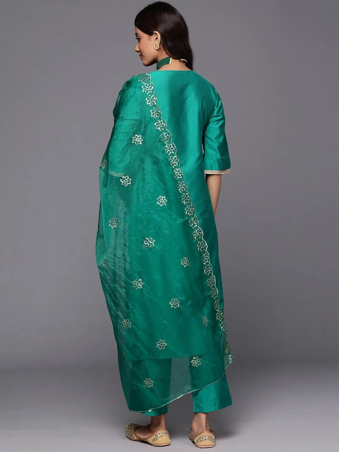 Green Solid Silk Blend Straight Suit With Dupatta