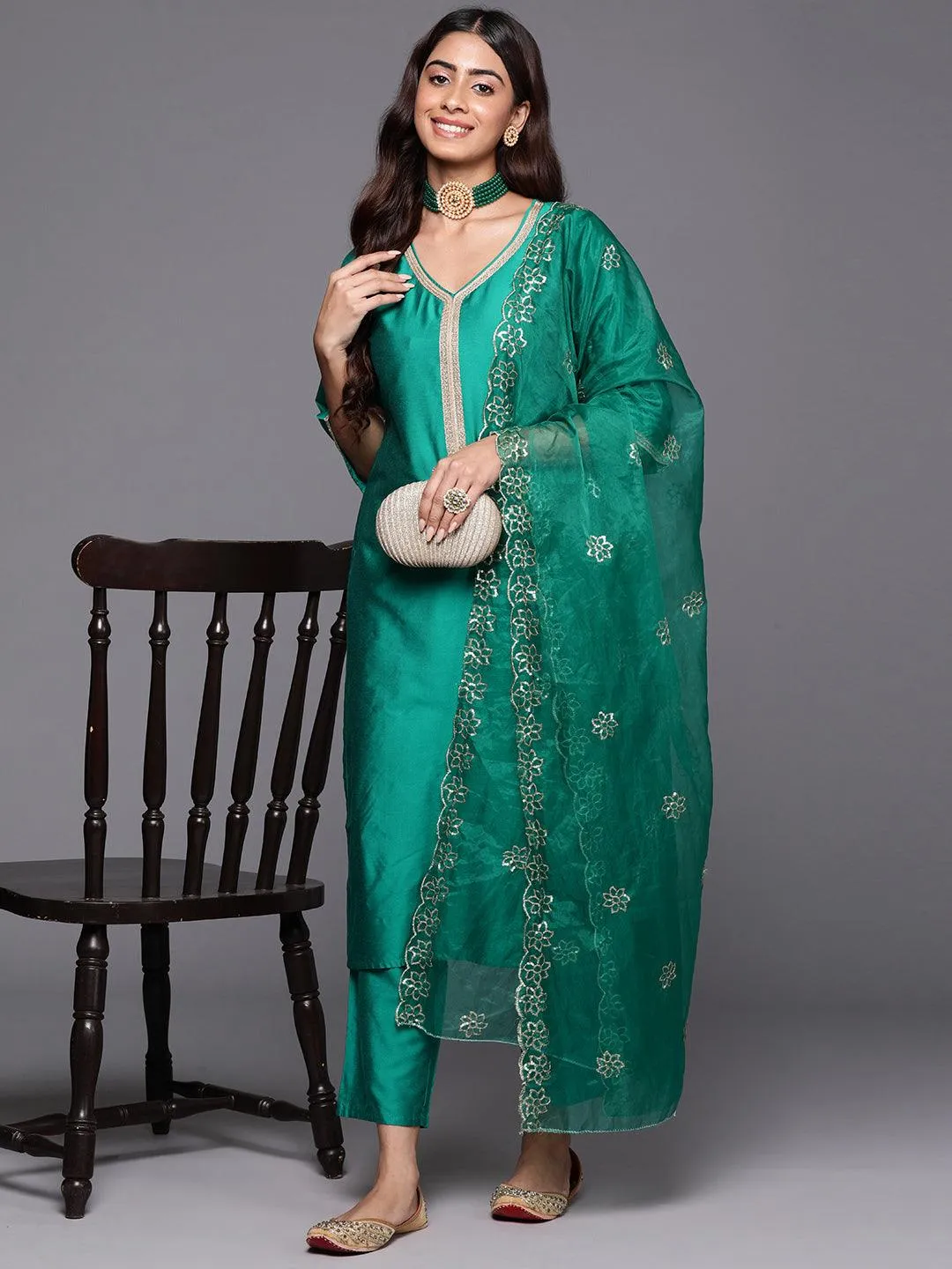 Green Solid Silk Blend Straight Suit With Dupatta