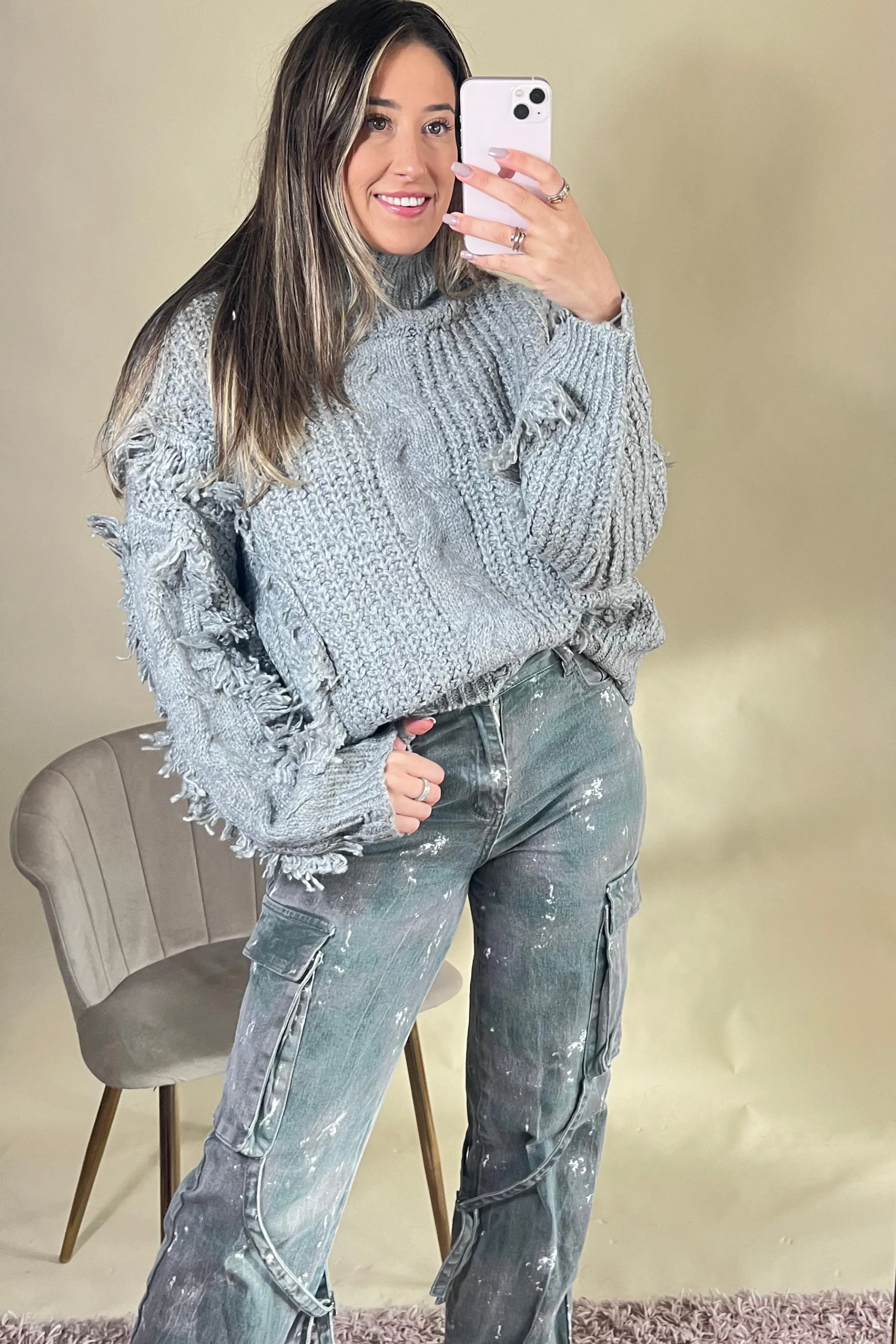 Grey distressed tassel jumper