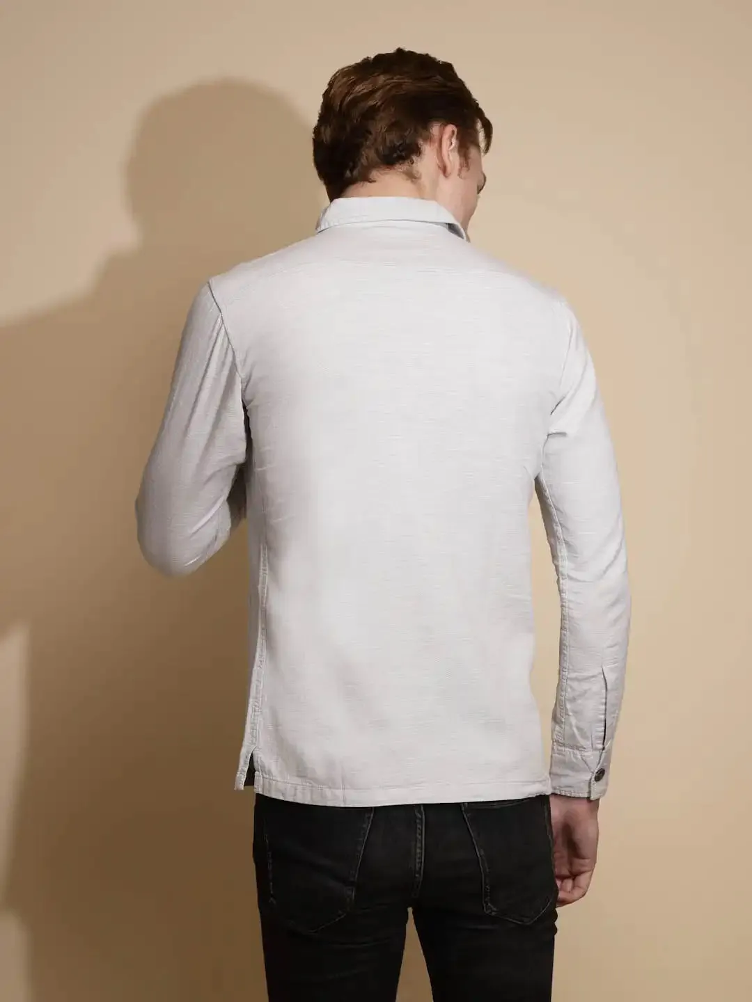 Grey Solid Full Sleeve Collared Neck Cotton Shacket