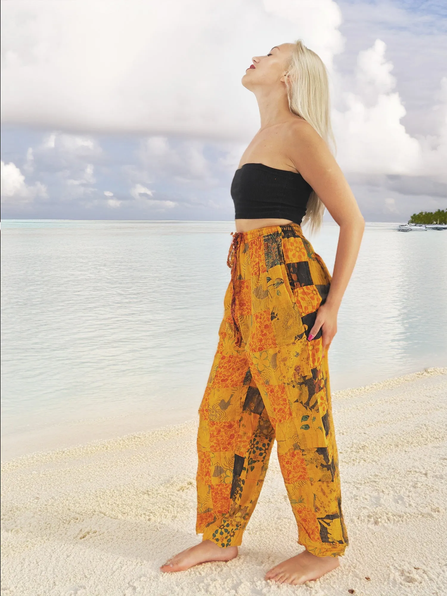 Handmade Floral Patchwork Bohemian Cotton Hippie Yoga Pants Orange Tones