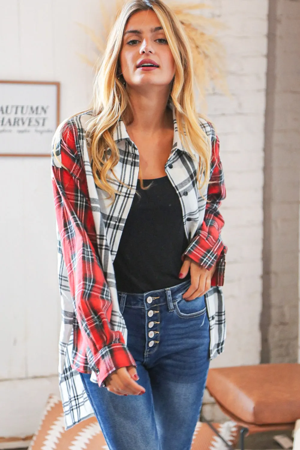 Holiday Red & White Plaid Button Down Hi Lo Shacket