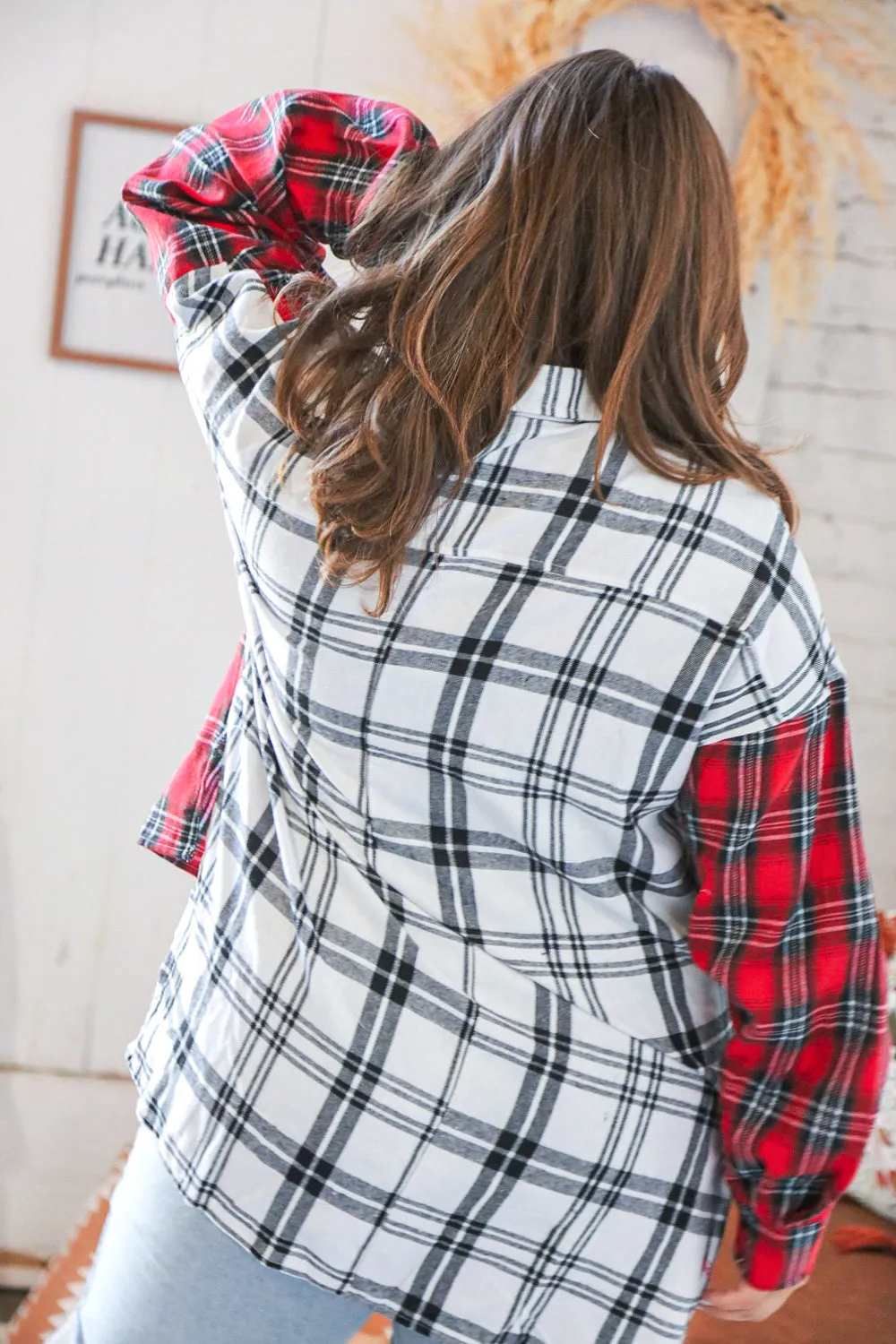 Holiday Red & White Plaid Button Down Hi Lo Shacket