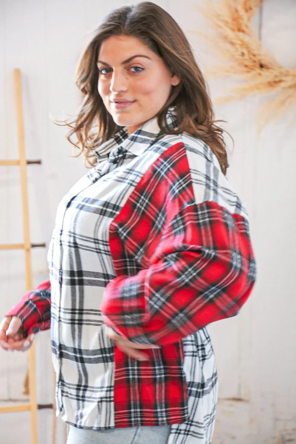 Holiday Red & White Plaid Button Down Hi Lo Shacket