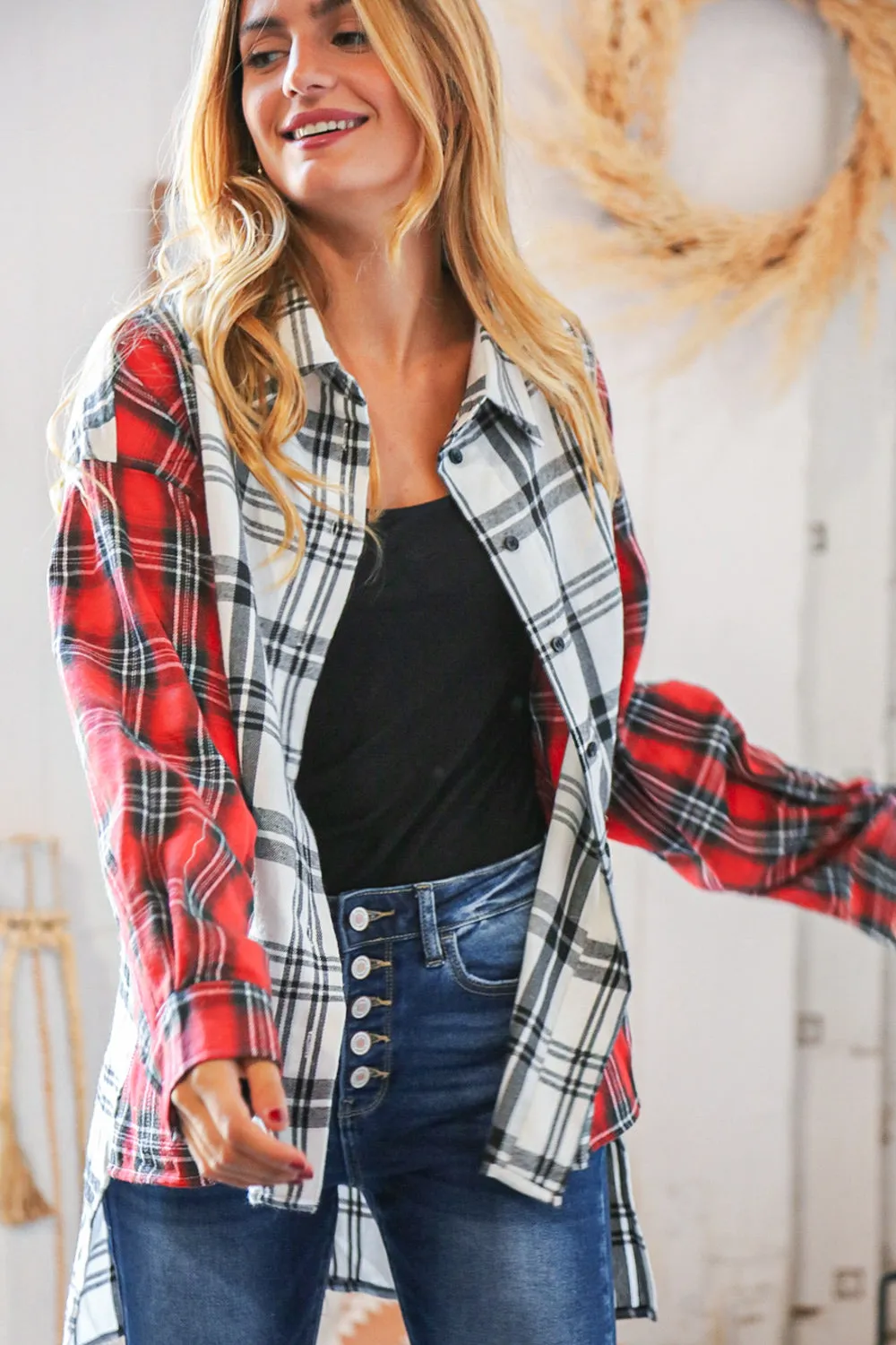 Holiday Red & White Plaid Button Down Hi Lo Shacket