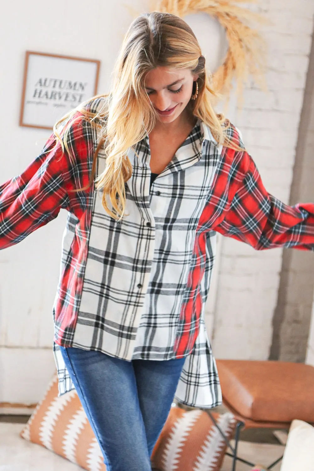 Holiday Red & White Plaid Button Down Hi Lo Shacket