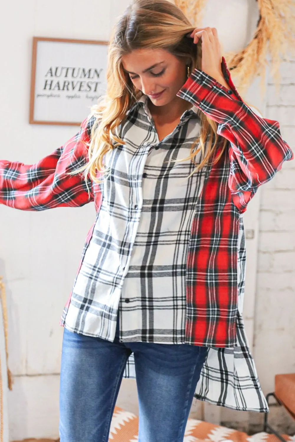 Holiday Red & White Plaid Button Down Hi Lo Shacket