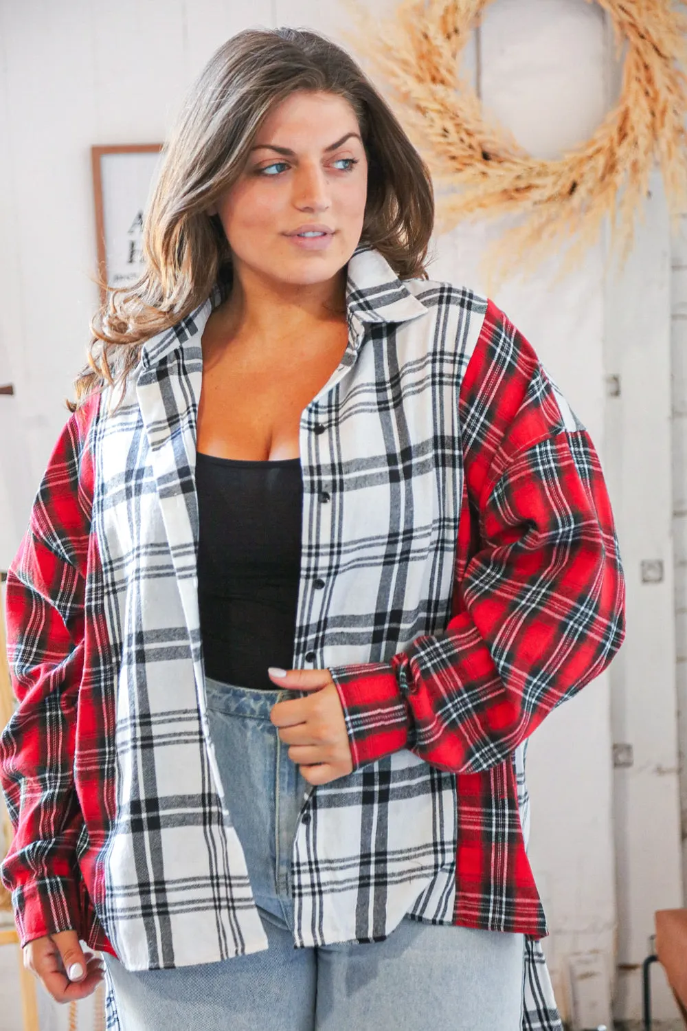 Holiday Red & White Plaid Button Down Hi Lo Shacket