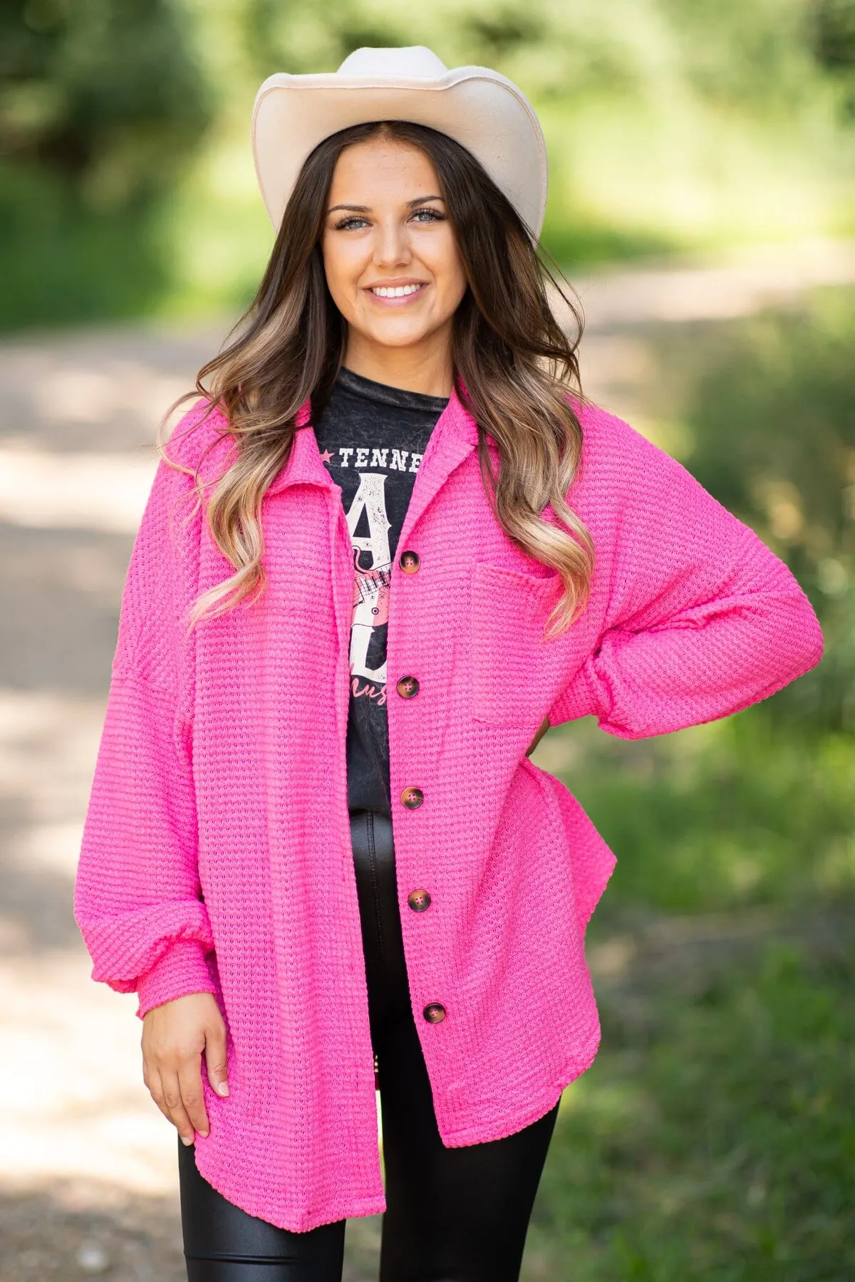 Hot Pink Waffle Knit Shacket