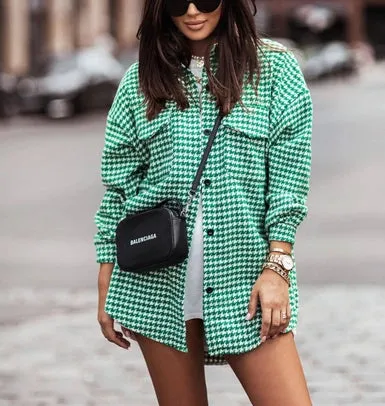 Houndstooth Check Shacket - Green