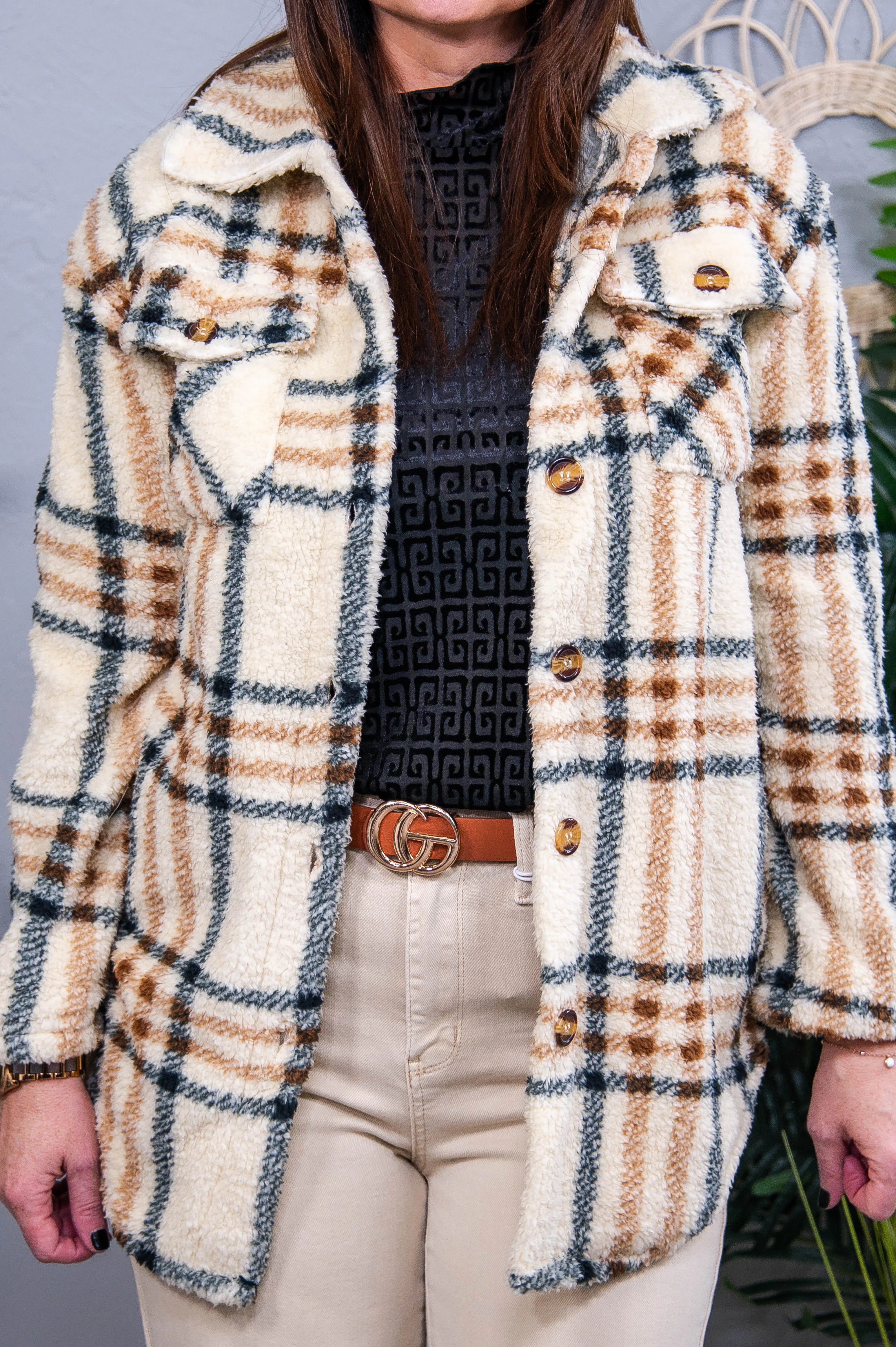 I Make It Look Easy Beige/Black/Brown Plaid Fuzzy Shacket - O5680BG