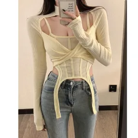 Irregular Hollow Camisole Long Sleeve Shawl Set