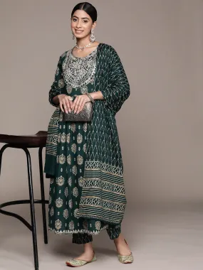 Ishin Women's Teal Embroidered Zari Flared Kurta Set with Pants & with Dupatta