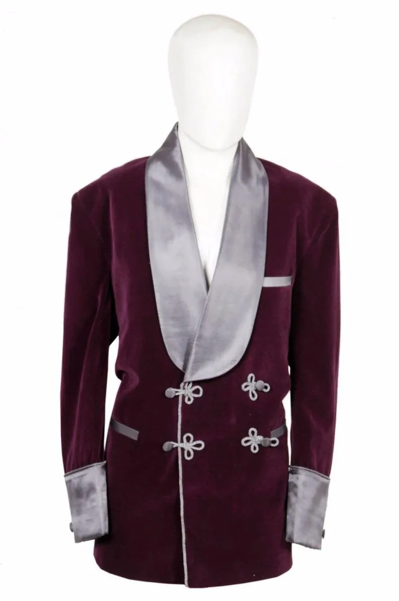 Jackets Men Burgundy Velvet Robe De chambre Evening Dinner Coat Robe