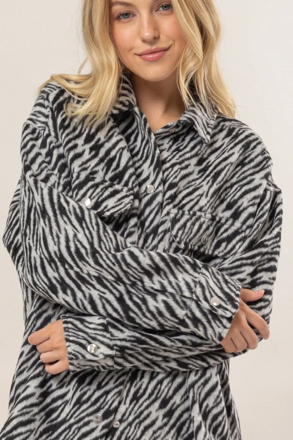 Katrina Zebra Print Snap Down Long Sleeve Shacket