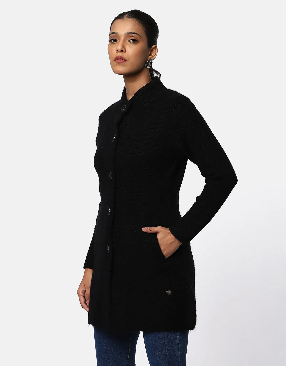 Knitted Ban Neck Long Coat with Fancy bottons