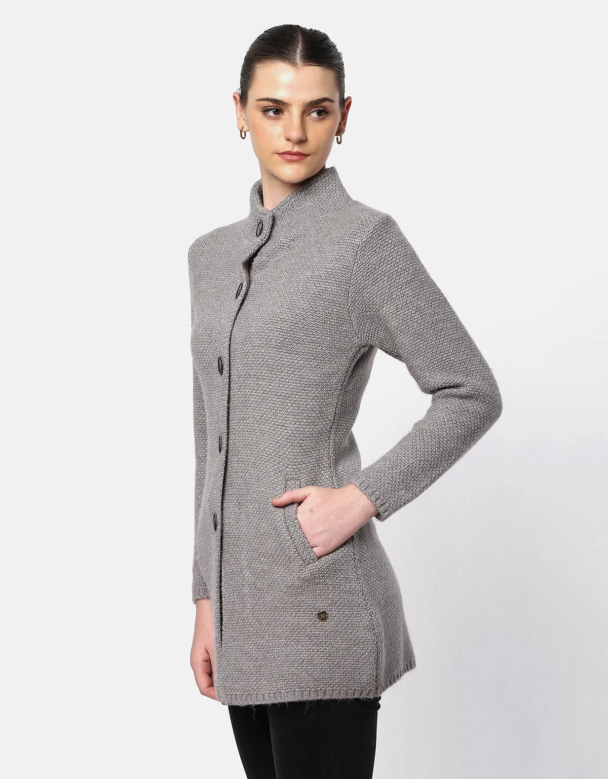 Knitted Ban Neck Long Coat with Fancy bottons