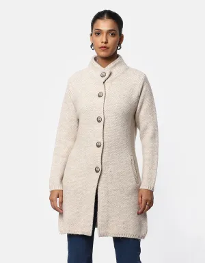 Knitted Ban Neck Long Coat with Fancy bottons