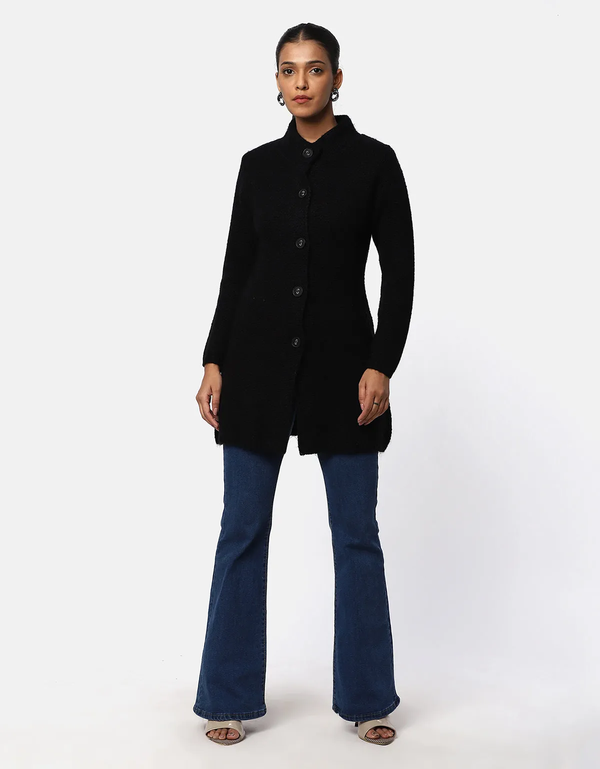 Knitted Ban Neck Long Coat with Fancy bottons