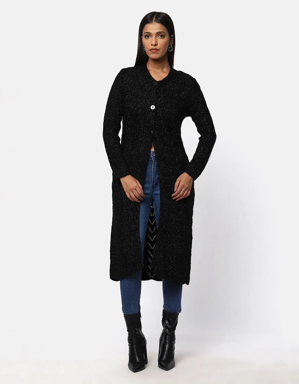 Knitted Fancy Round Neck Long Coat For Women