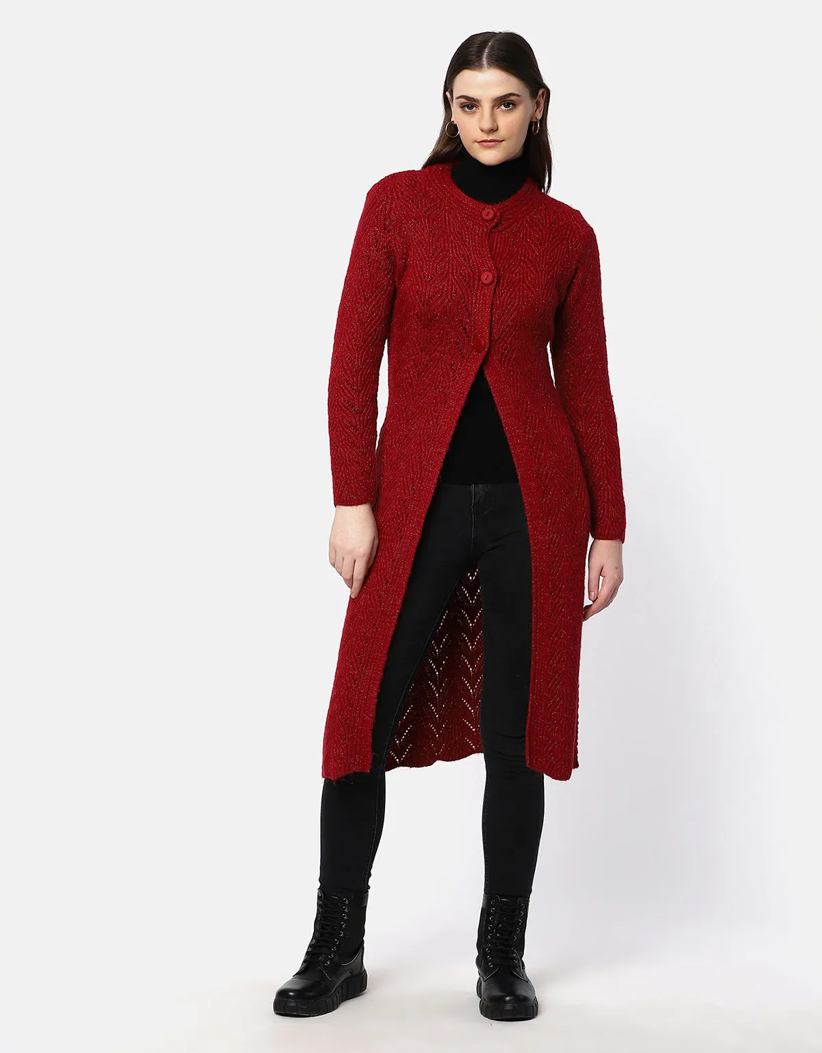 Knitted Fancy Round Neck Long Coat For Women