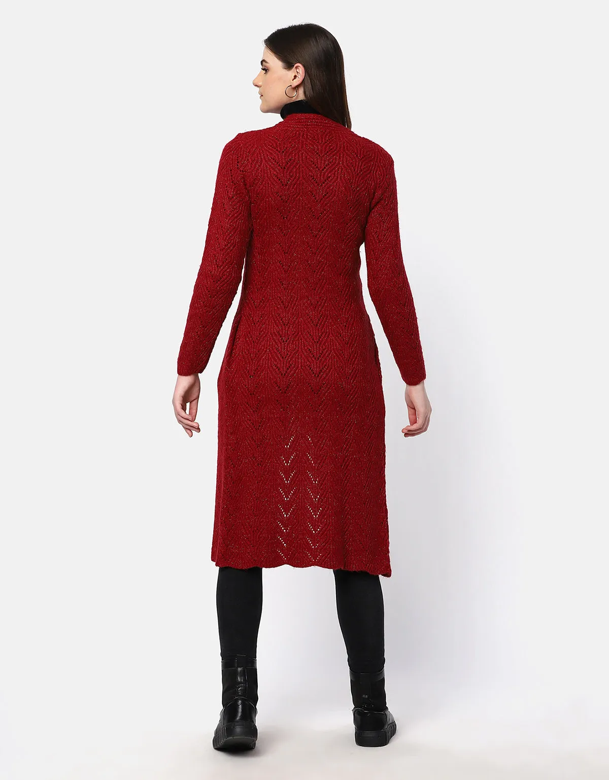 Knitted Fancy Round Neck Long Coat For Women