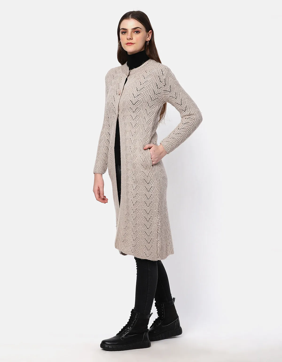 Knitted Fancy Round Neck Long Coat For Women