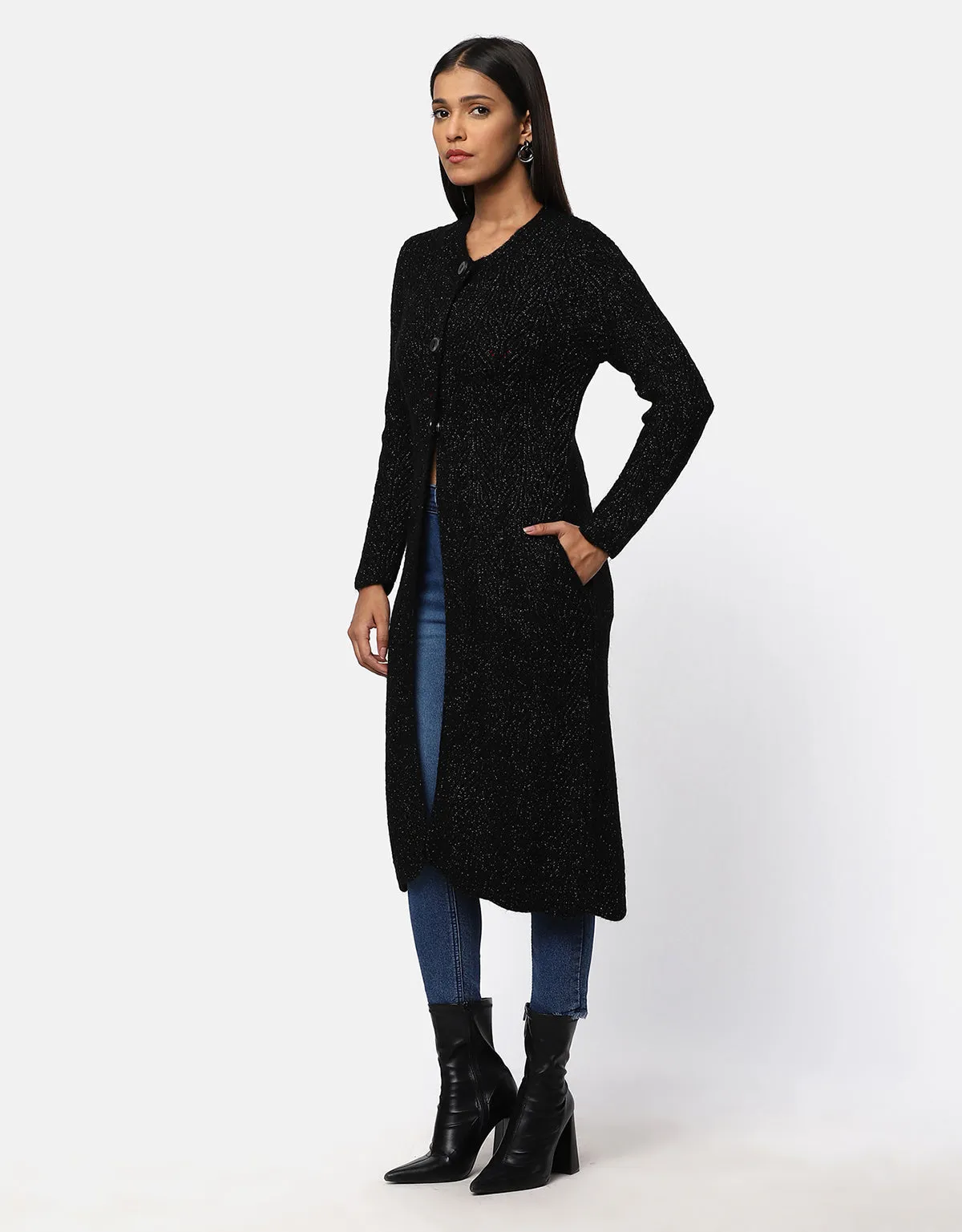 Knitted Fancy Round Neck Long Coat For Women