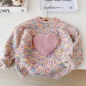 Korean children's clothing 2024 autumn and winter clothing girls' foreign-style thickened sweater knitted sweater children's three-dimensional love color top