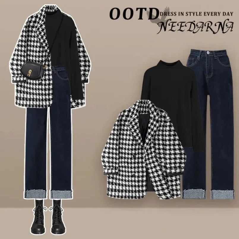 LANFUBEISI Autumn and Winter Fashion Women's Set New Korean Checkered Coat Versatile Jeans High Grade and Age Reducing Three Piece Set