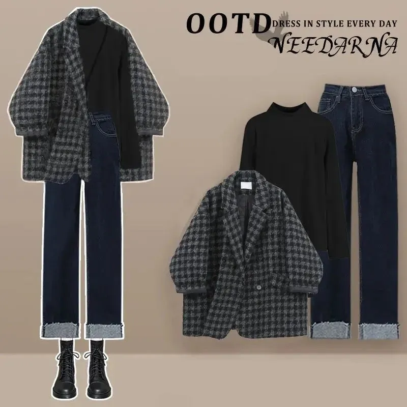 LANFUBEISI Autumn and Winter Fashion Women's Set New Korean Checkered Coat Versatile Jeans High Grade and Age Reducing Three Piece Set