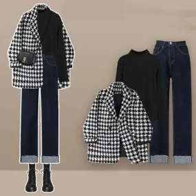 LANFUBEISI Autumn and Winter Fashion Women's Set New Korean Checkered Coat Versatile Jeans High Grade and Age Reducing Three Piece Set