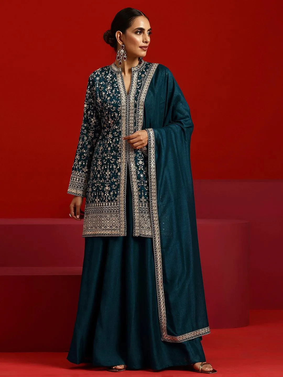 Libas Art Teal Embroidered Silk Blend Pakistani Suit