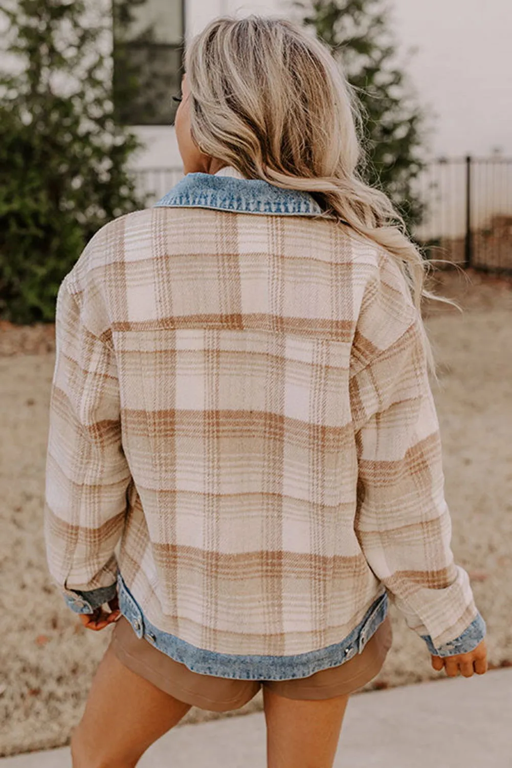 Light Beige Plaid Patchwork Flap Pocket Button Up Shacket