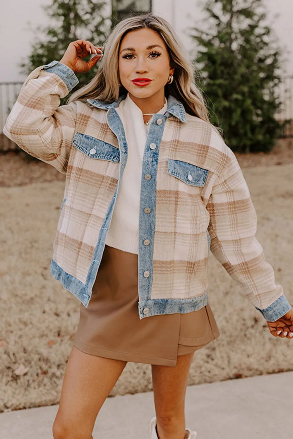 Light Beige Plaid Patchwork Flap Pocket Button Up Shacket