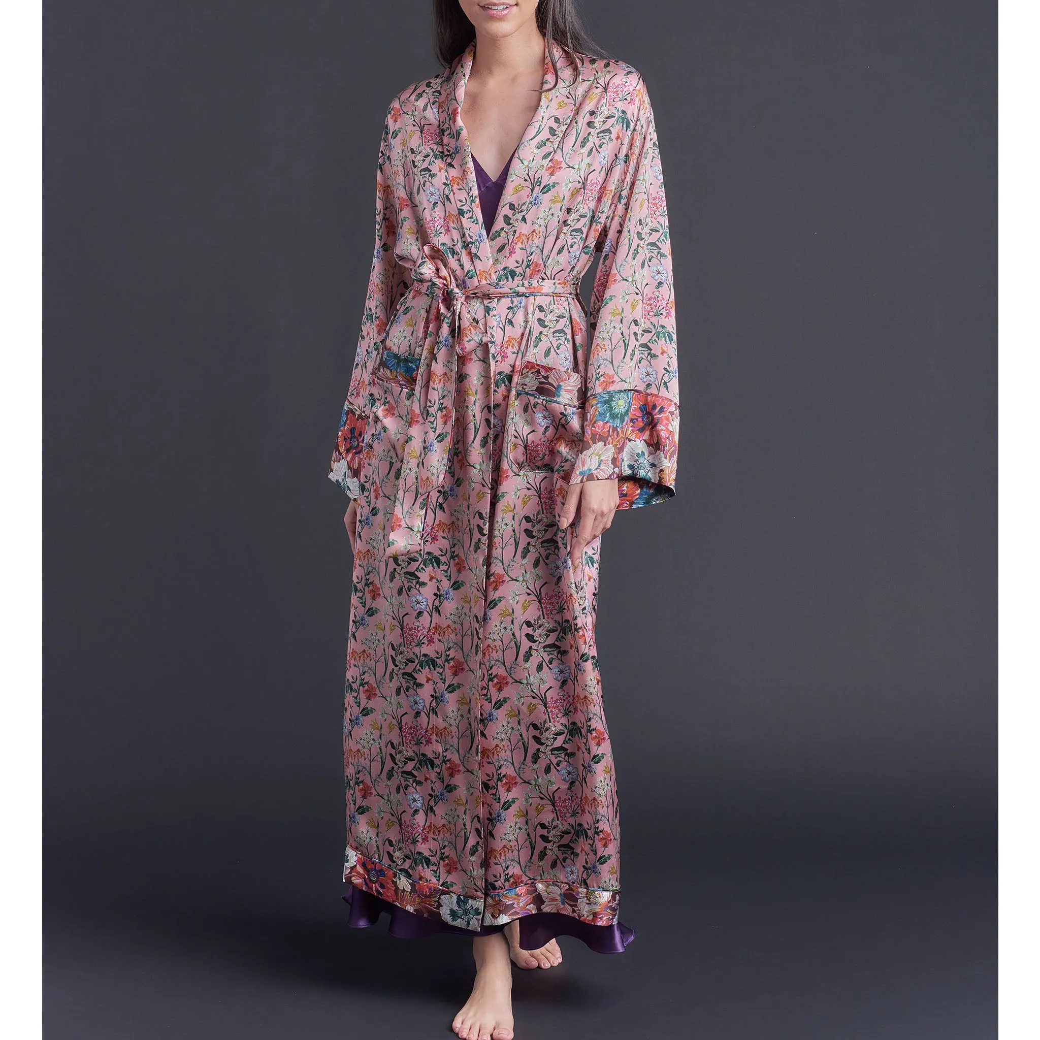 Long Claudette Robe in Lockwood Liberty Print Silk Satin