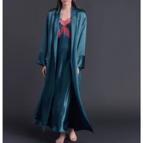 Long Claudette Robe in Peacock Silk Charmeuse