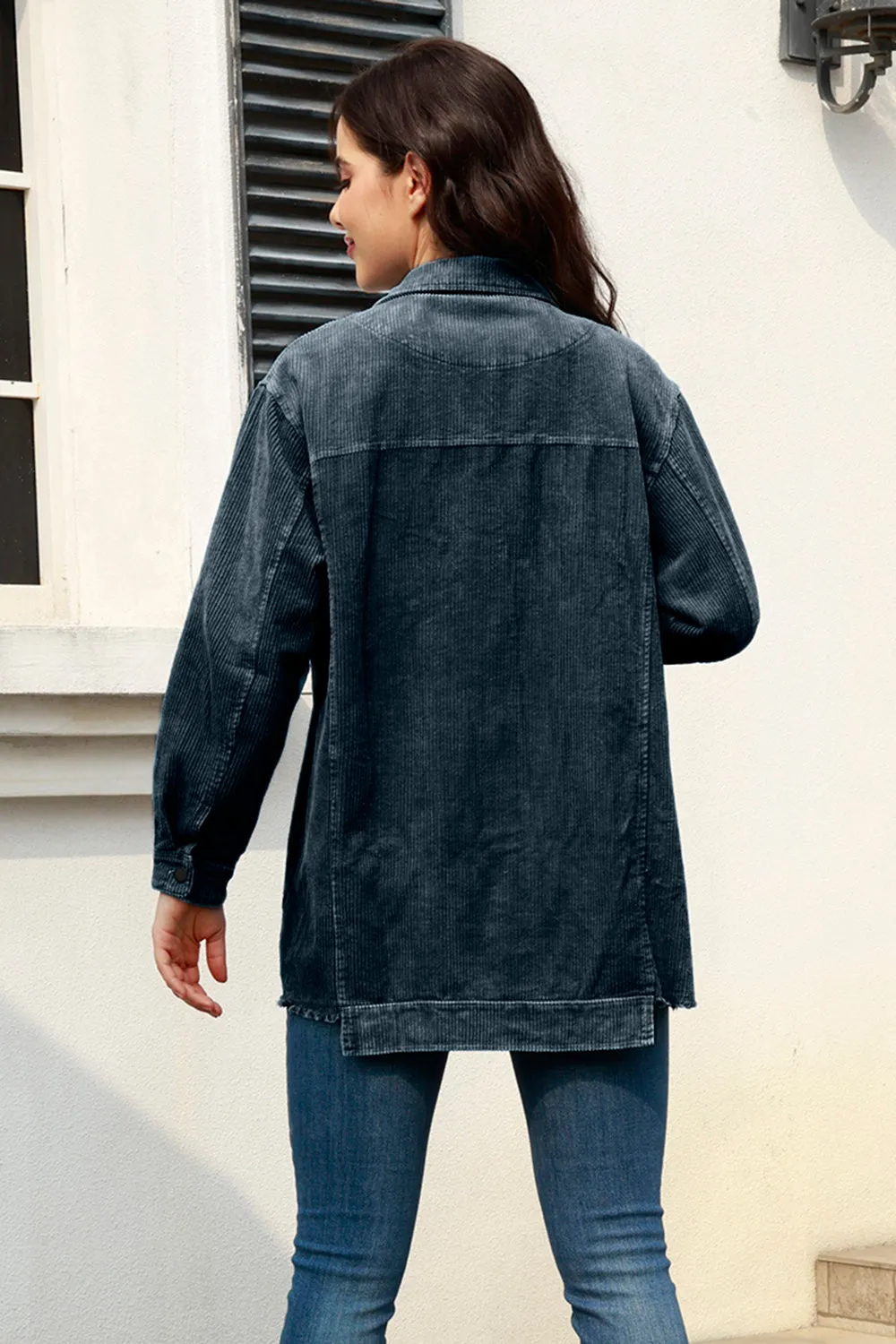 MeiMei Button Up Raw Hem Long Sleeve Shacket