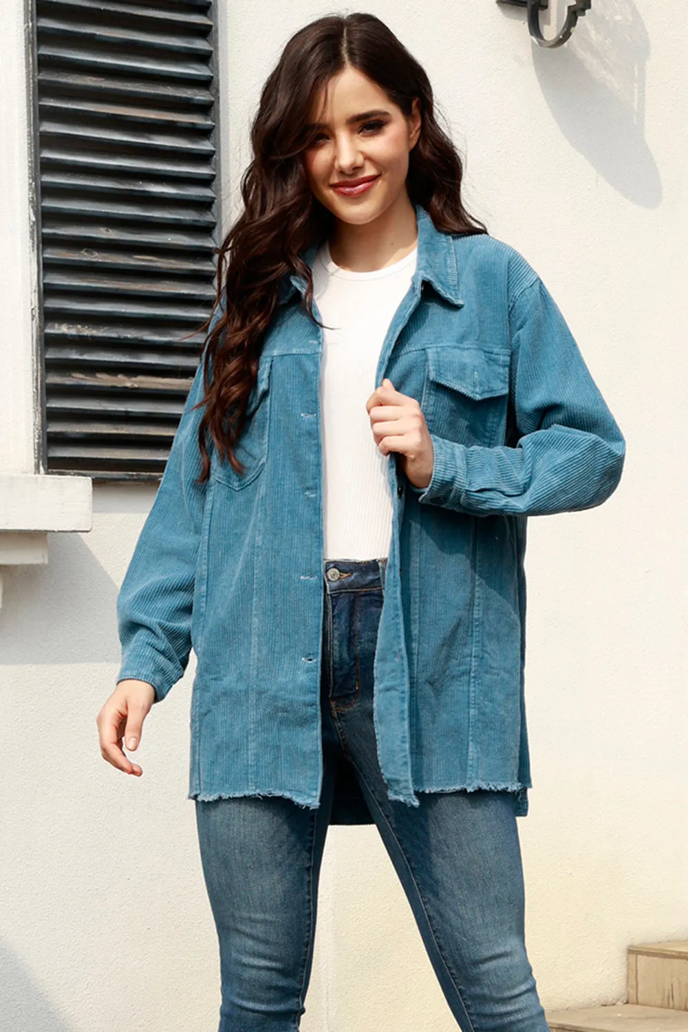 MeiMei Button Up Raw Hem Long Sleeve Shacket